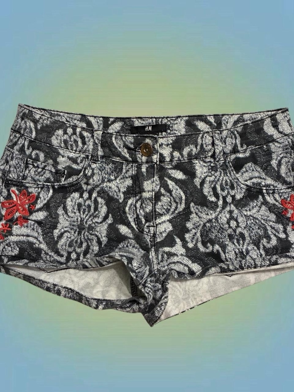 H&M Black & White Floral Jacquard Women’s Micro Mini Shorts with Red Embroidery